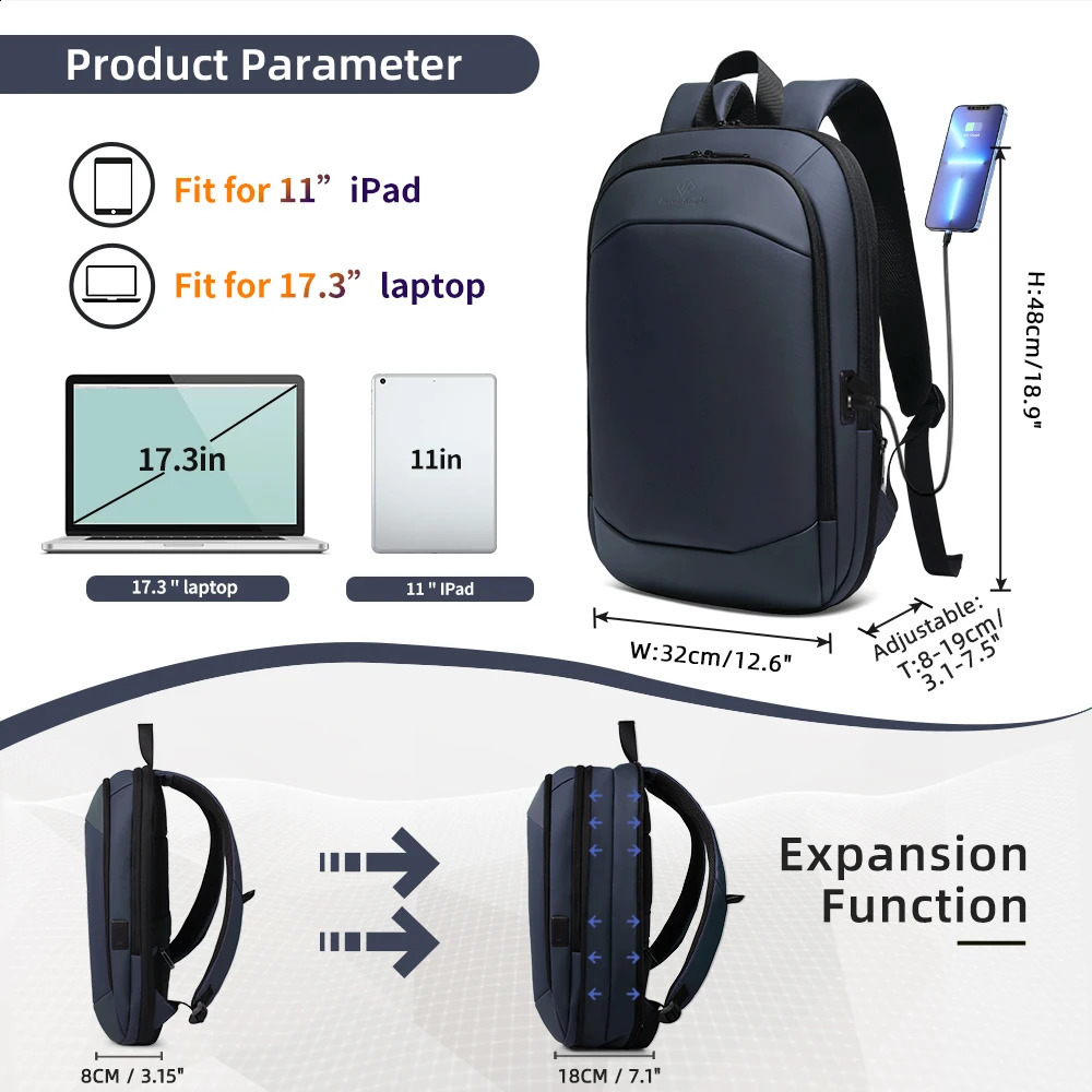 HK Business Backpack For Men Expandable Waterproof 17 Laptop Bags Daily Work School Backpack YKK Zipper Slim Backpack With USB 250530