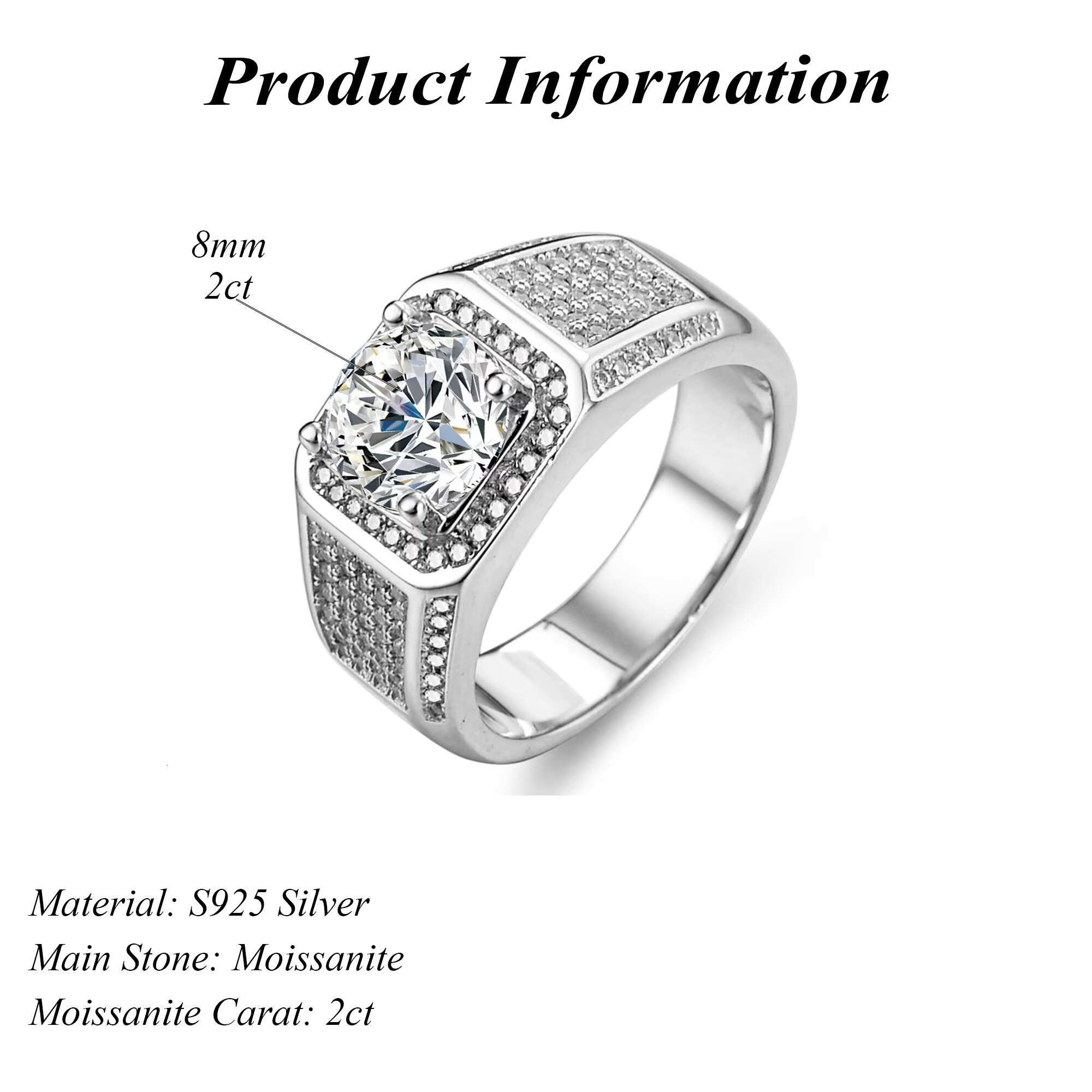 Wholesale 925 Sterling Silver Round Cut Moissanite Ring for Men Moissanite Engagement Wedding Ring 2ct