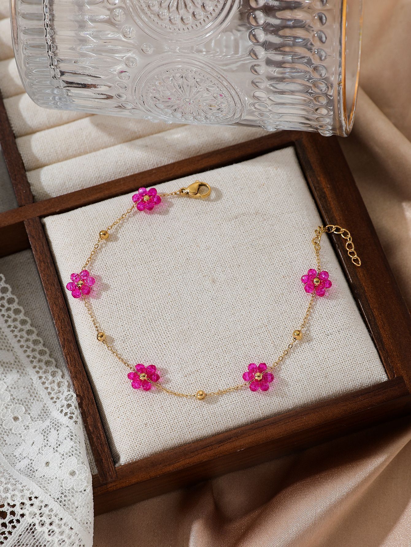 Fresh Crystal Round Bead Small Flower Necklace Bracelet Sweet Women's