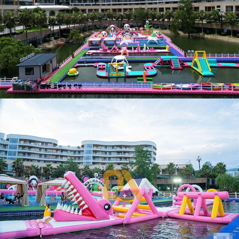 Iatable Lake Surface Obstacle Course Swimming Pool Fun Levels Floating Toys Small Boat Kayak Seesaw Slide