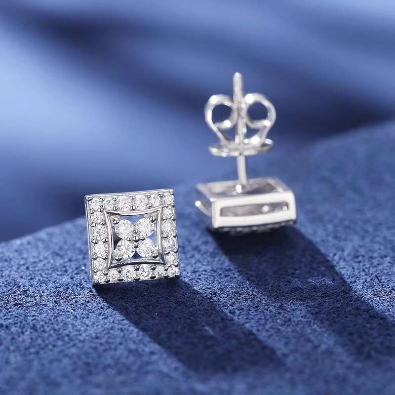 Real D Color Moissanite Diamond Lucky Square Surrounded Stone Earrings for Men Women925 Silver Gift For Wedding Party