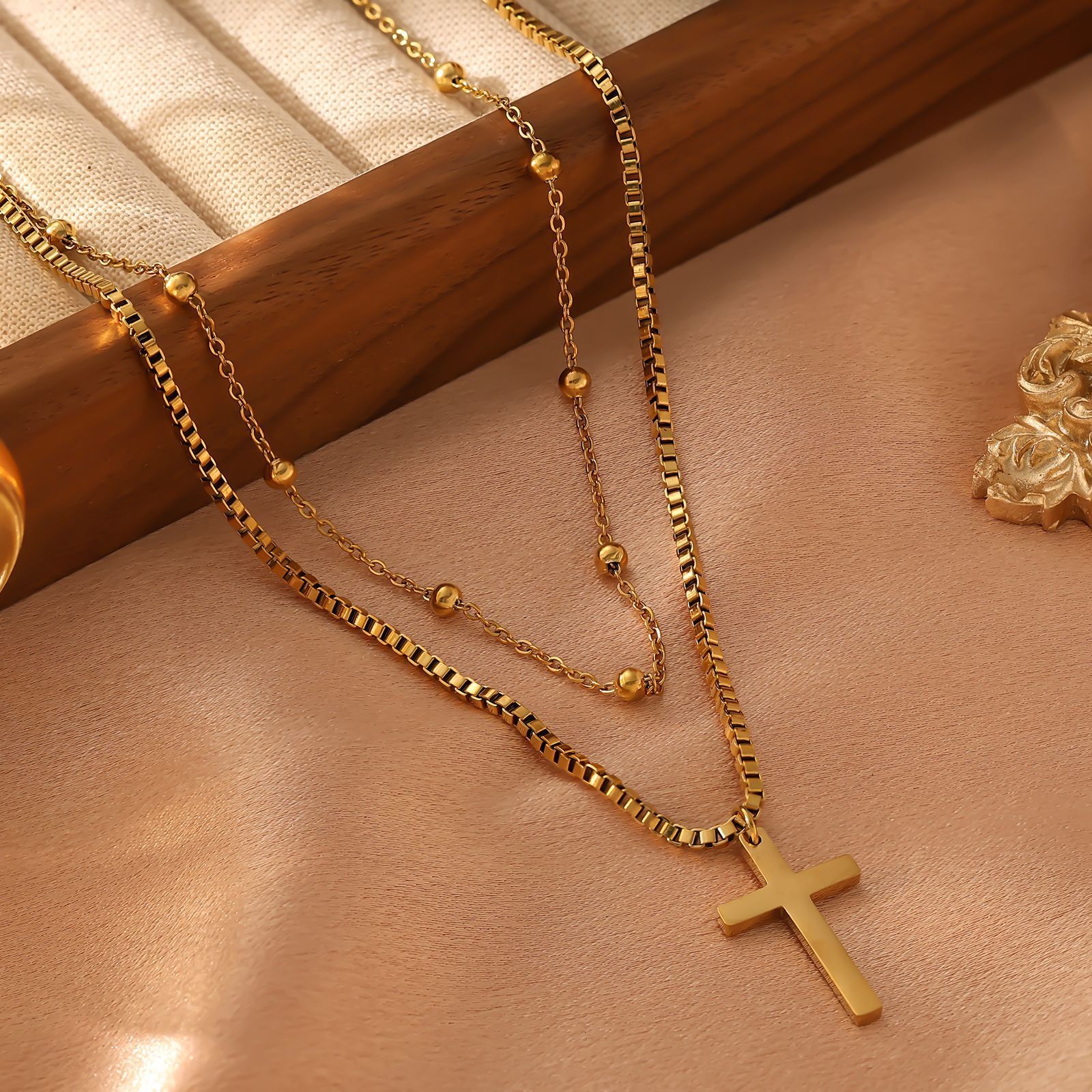 Hot Selling Stainless Double Layer Blade Snake Chain Bead Cross Necklace Fashion Titanium Steel