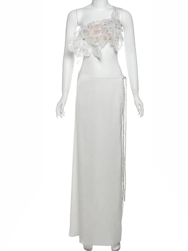 Weird Puss Sequin Flowers 2Piece Set Women Sexy Beach Vacation y2k Chic Skew Collar Tank TopsBandage Maxi Split Skirts Clubwear 250530