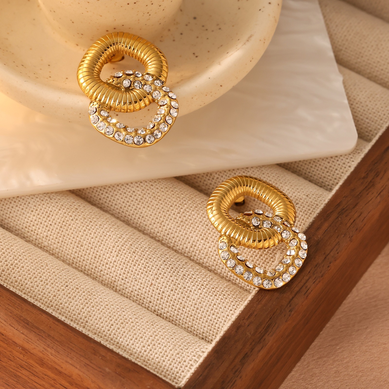 Gold Stainless Steel Inlaid Zircon Double Layer Non-Fading Earrings Jewelry