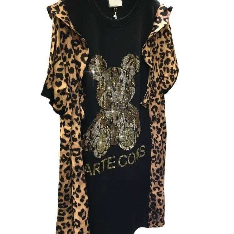 Leopard Print Dress Short Sleeves Summer Diamante Embellishment Women's Top Medium Length Bear Shape Wooden Ear Edge