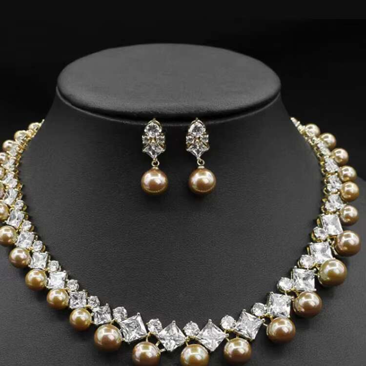 Fashion Womens Zircon Mossanite Double Pearl Earrings Jewelry Set Necklace With Earrings Set for Women
