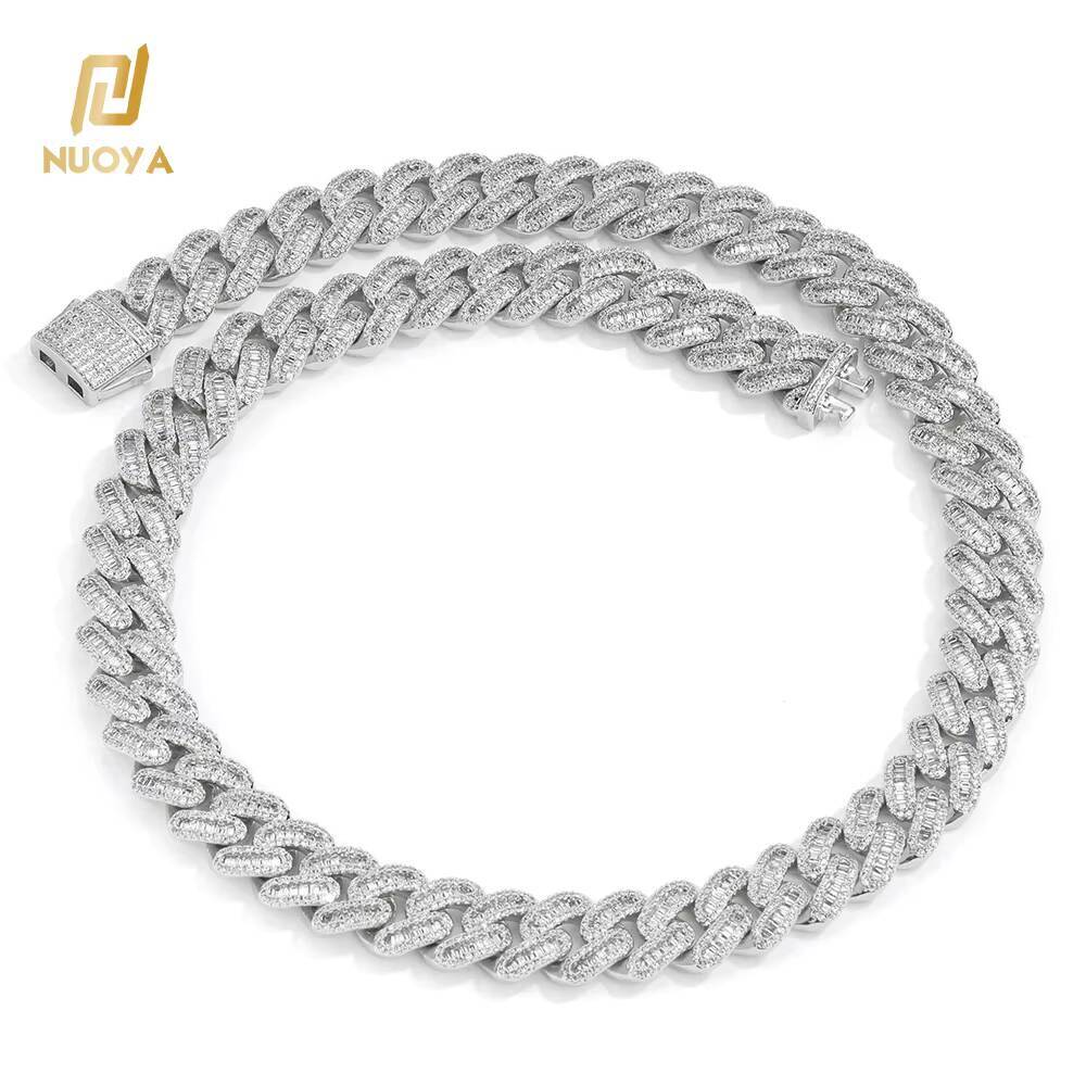 NUOYA Hip Hop Jewelry Sier Plated Miami 15mm Fully Iced Spring Buckle Cuban Men's Chain