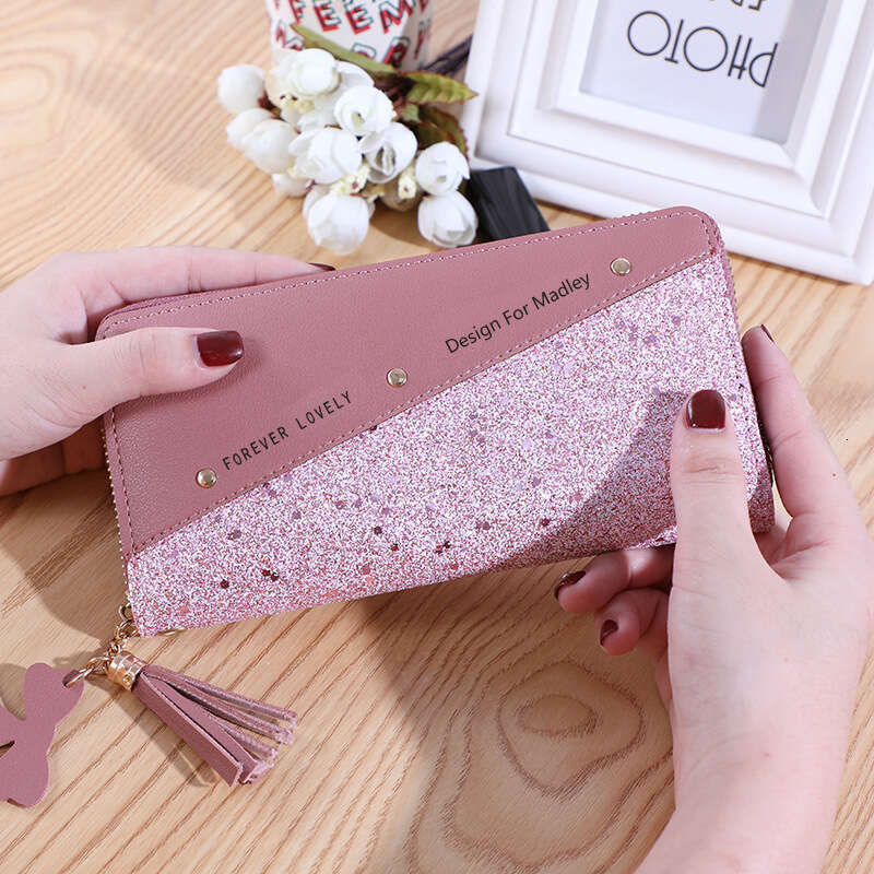 New Style Wallet Long Women's Zipper Purse Korean Version Patchwork Color Block Tassel Versatile Card Holder