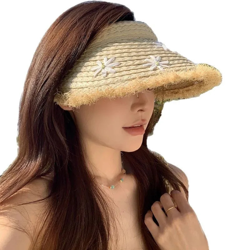 Color Wood Beads Straw Hat Large Brim UV Protect Sunshade Hat UPF 50 Sun Protection Sun Cap 250530