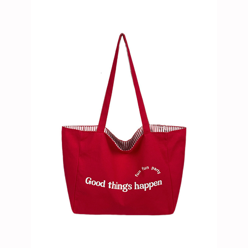 designer Red Reversible Striped Canvas Bag for Women Korean Style Tote Bag Casual Lazy Style Large Capacity Nylon Shopping Bag