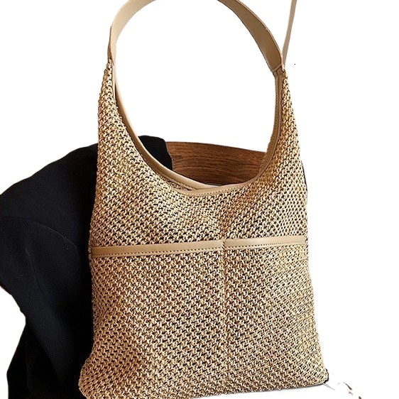 designer Woven Bag Fresh Style Single Shoulder Underarm Tote Bucket Bag Korean Classic Straw Bag Women's Beach Bag Literary Forest Style