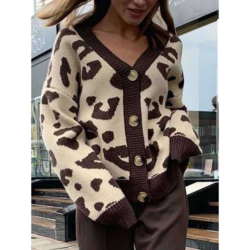 Aoaiiys Leopard Knitted Cardigan For Women Sweater Single Breasted V-Neck Long Sleeve Coat Autumn Winter 2025 Fashion Cardigans
