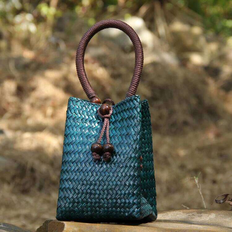 Rattan Handbag Vintage Distressed Straw Woven Mini tote Bucket Bag women clutch bag