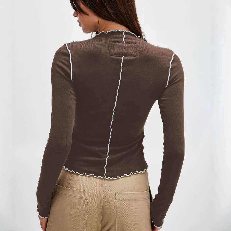 Patchwork Slim Fit Long Sleeve T-Shirt Top Design Sense Base Shirt Color Block Women's Ruffled Edge 1062