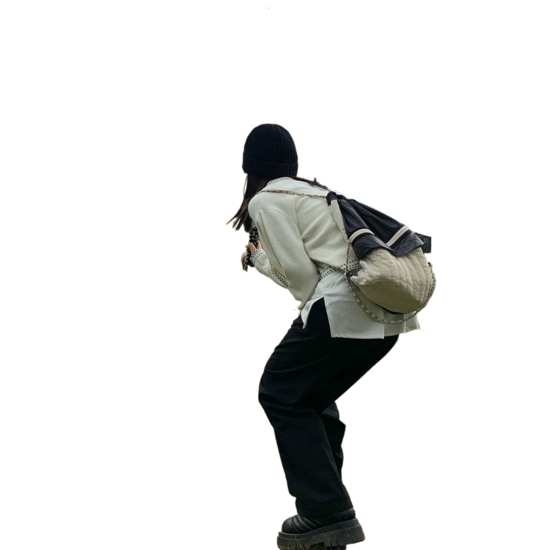 designer Jennie Style Black and White Nylon Backpack for Women Color Block Casual Commuter Backpack for Female Students