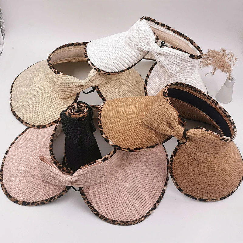 Women Summer Leopard Visors Hat Foldable Wide Large Brim Beachs Hats Outdoor Femme Bow Uv Protection Empty Top Straw Caps 250530