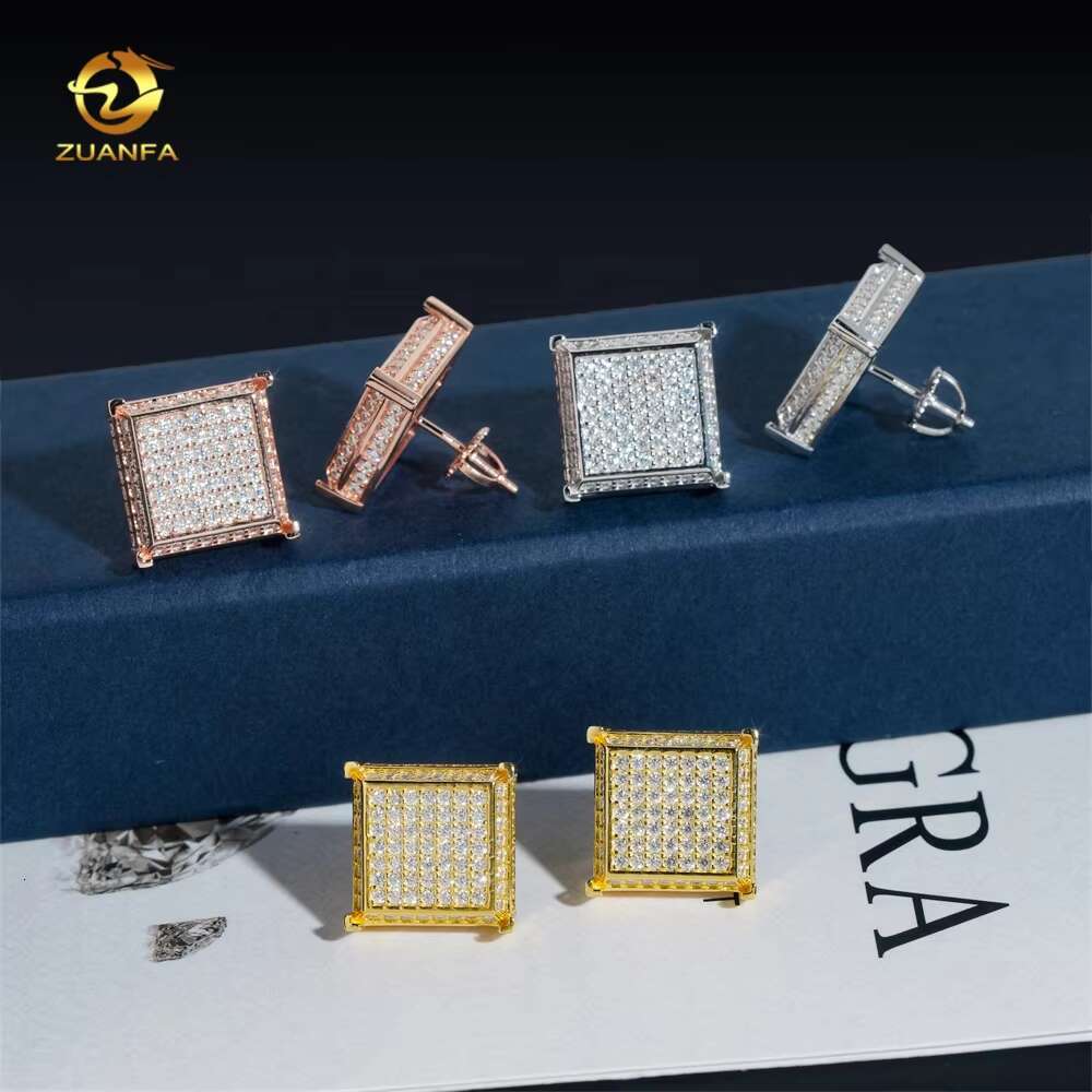 Luxury Big Square Shape Full Iced Out Hip Hop GRA Certertificate 925 Sterling Silver Men Moissanite Earrings