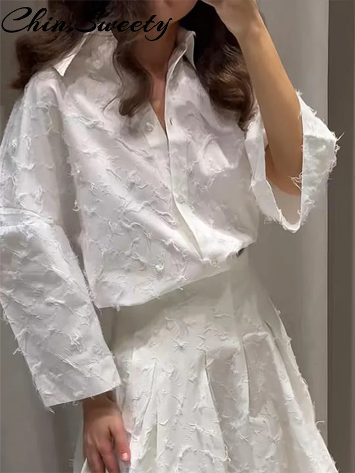 Elegant White Tassel Shirt Skirt Women Outfit Lapel Three-quarters Sleeve Shirts Pleated Skirts 2025 Summer 2 Pieces Lady Set 250530