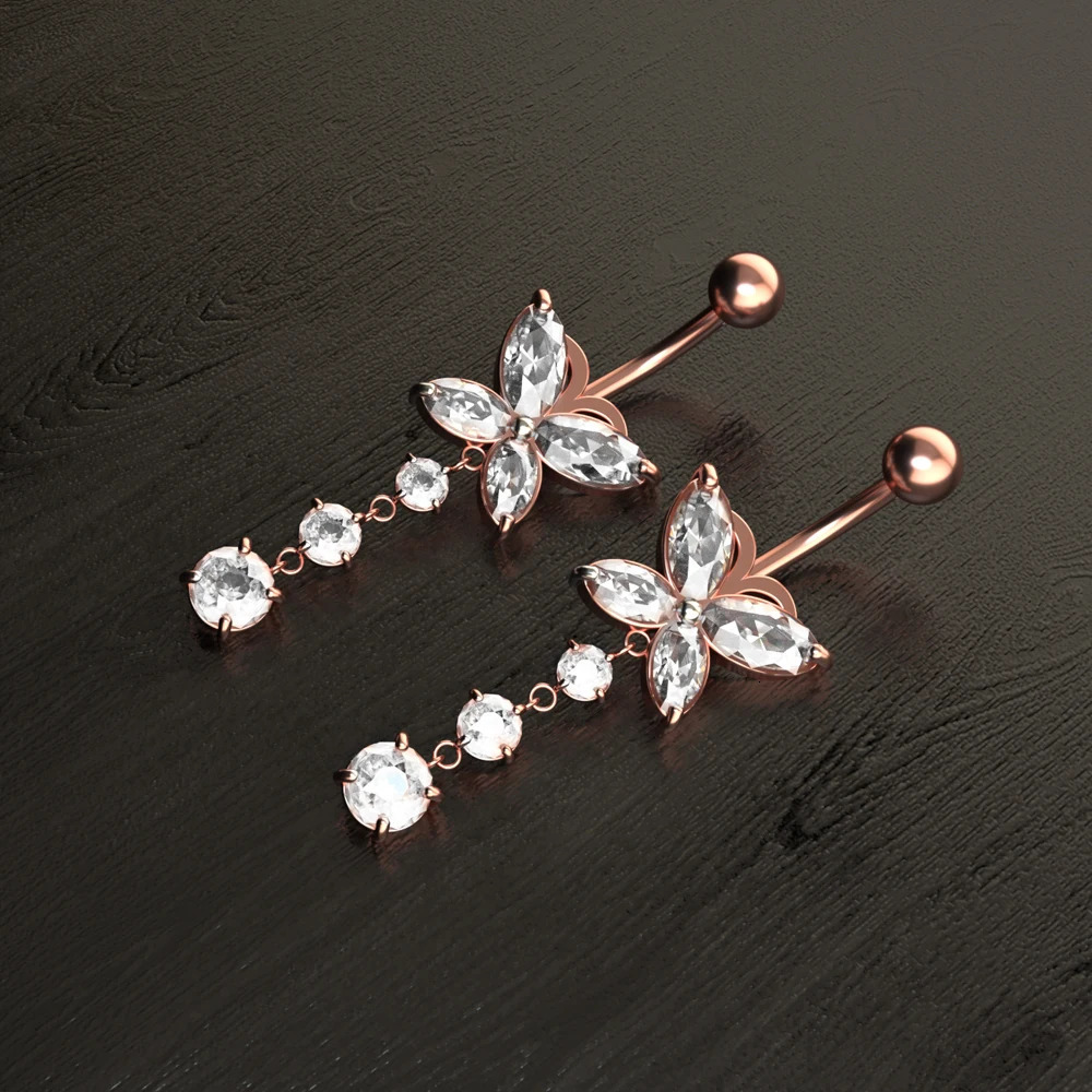 5pcs Pink Series Butterfly-Bow Belly Button Ring Sets 14G Curved Navel Piercings Nombril Women Heart Flower Zircon Belly Rings 250530