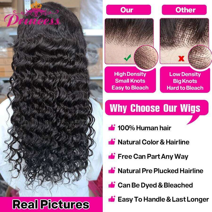 Princess 13x4/13x6 HD Transparent Front Human Wigs PrePlucked Brazilian Deep Wave Lace Frontal Wig with Baby Hair