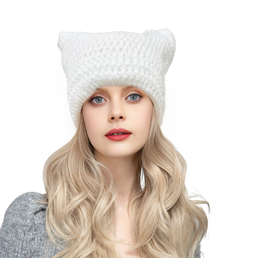 Cute Cat Ear Beanie Crochet Hats for Women Girl Knitted Y2K Striped Winter Warm Loose Fit Handmade HipHop Stylish Skullies Cap 250530