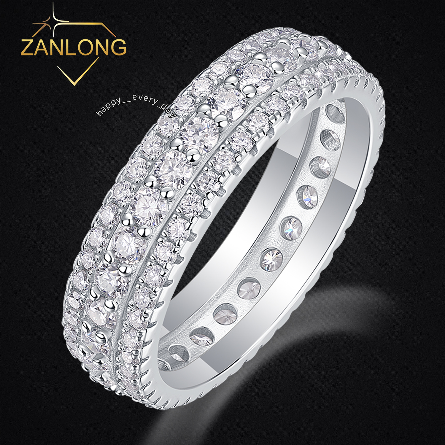 Zanlong 13251 d Color Vvs1 18k White Gold Sterling Silver Three Row Men Women Full Eternity Stone Irregular Ring Moissanite Band