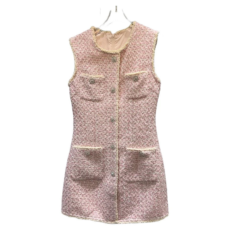 PREPOMP Autumn Arrival Sleeveless Rhinestone Buttons Tweed Short Tank Dress Women GS113 250529