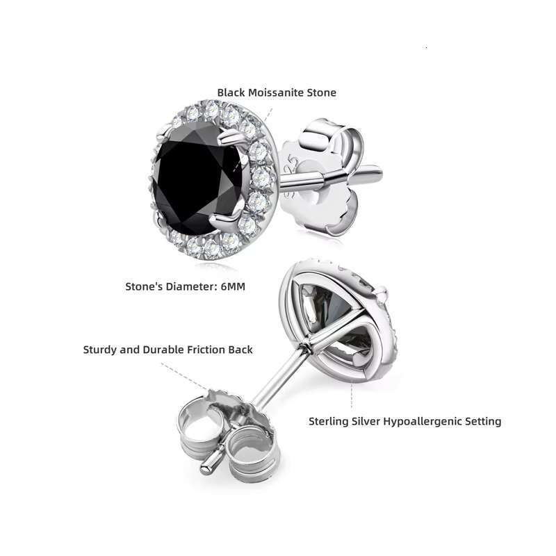 Wholesale Hypoallergenic Diamond Stud Earrings 925 Sterling Silver 6MM 0.8CT Classic Black Round Moissanite Halo Stud Earrings