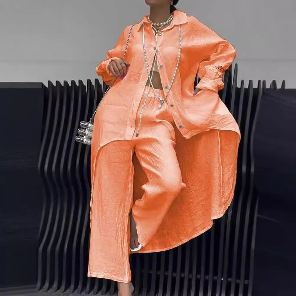 Lady Clothes Elegant Cuff Shirt Elastic Waist Trousers Set For Women Stylish Button-down Blouse With Irregular Hem For Fall 250530