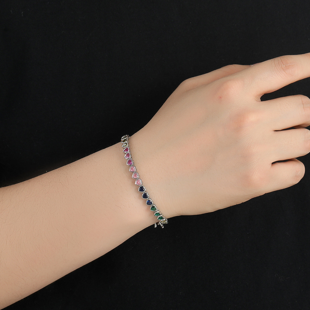 Mesa New Hip Hop Colorful Love Tennis Chain Rainbow Moissanite Personalized Trendy Hip Hop Bracelet Heart shaped moissanite