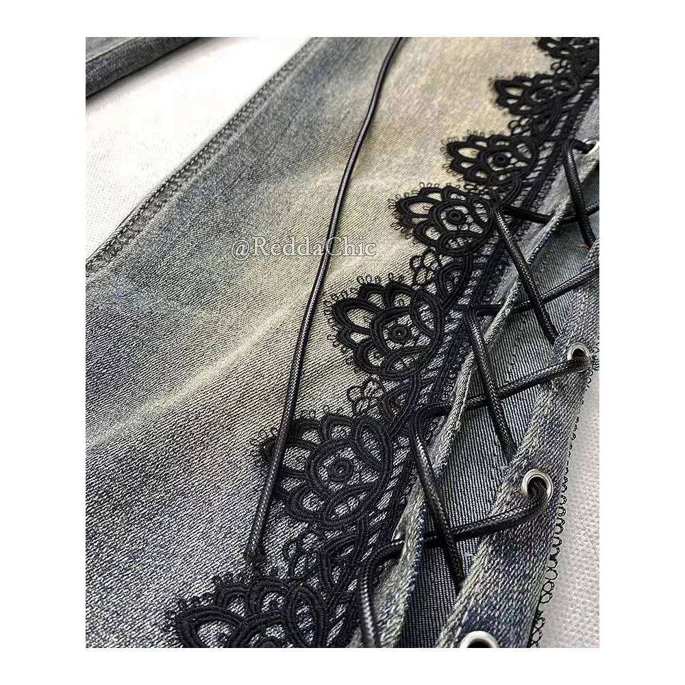 Reddachic Eyelets Up Flare Jeans Retro Lace Whiskers Slim Low Rise Split Bootcut Pants Women Bell Bottoms Streetwear