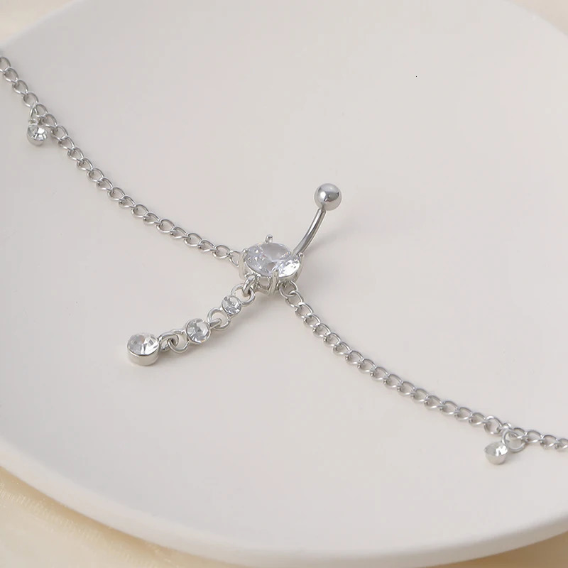 1pc Rhinestone Dangle Belly Button Ring With Waist Chain Drop Pendant Sexy Navel Piercing Red Crystal Waist Body Jewelry Women 250530