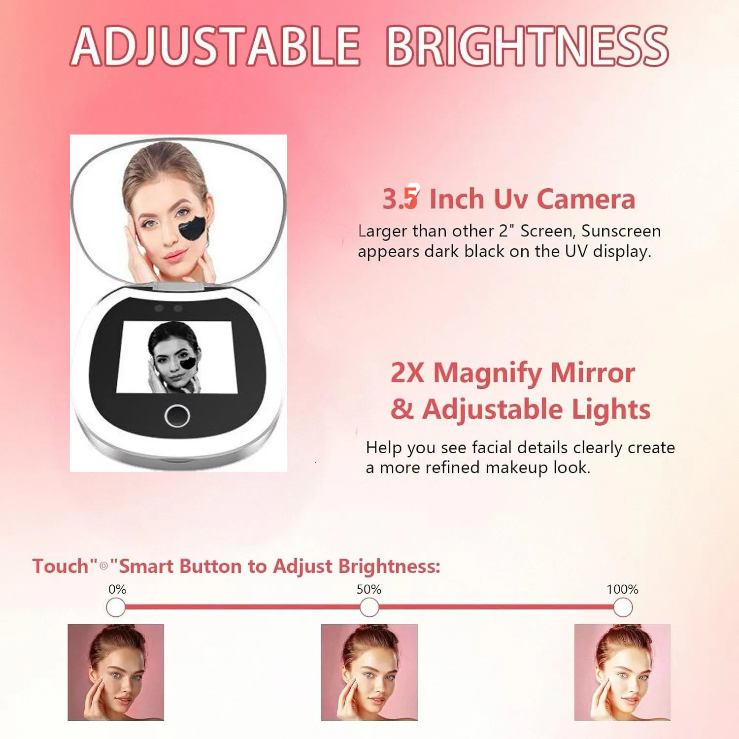 UV Mirror Testing Camera with Light 2X Magnification Travel Makeup 3.5in Pocket Size L Pocket Mirror Mirror 250530