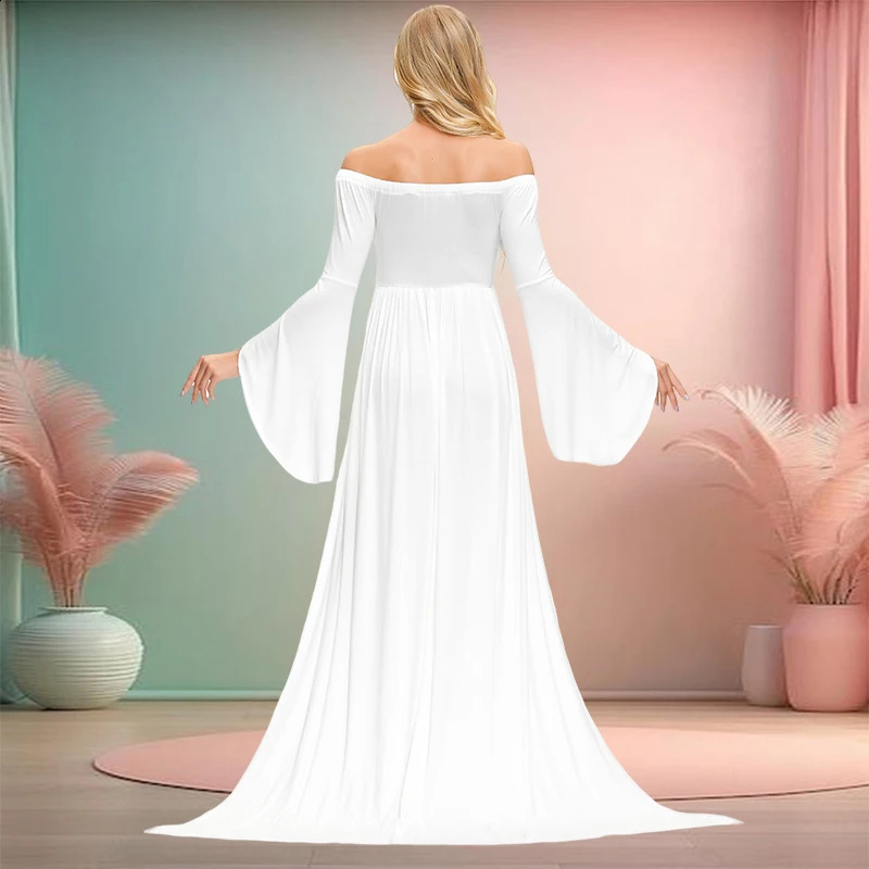 Maternity Off Shoulde Maxi Chiffon Dress for Po Shoot Bell Sleeves V-Neck Split Dress for Pography Baby Shower 250530