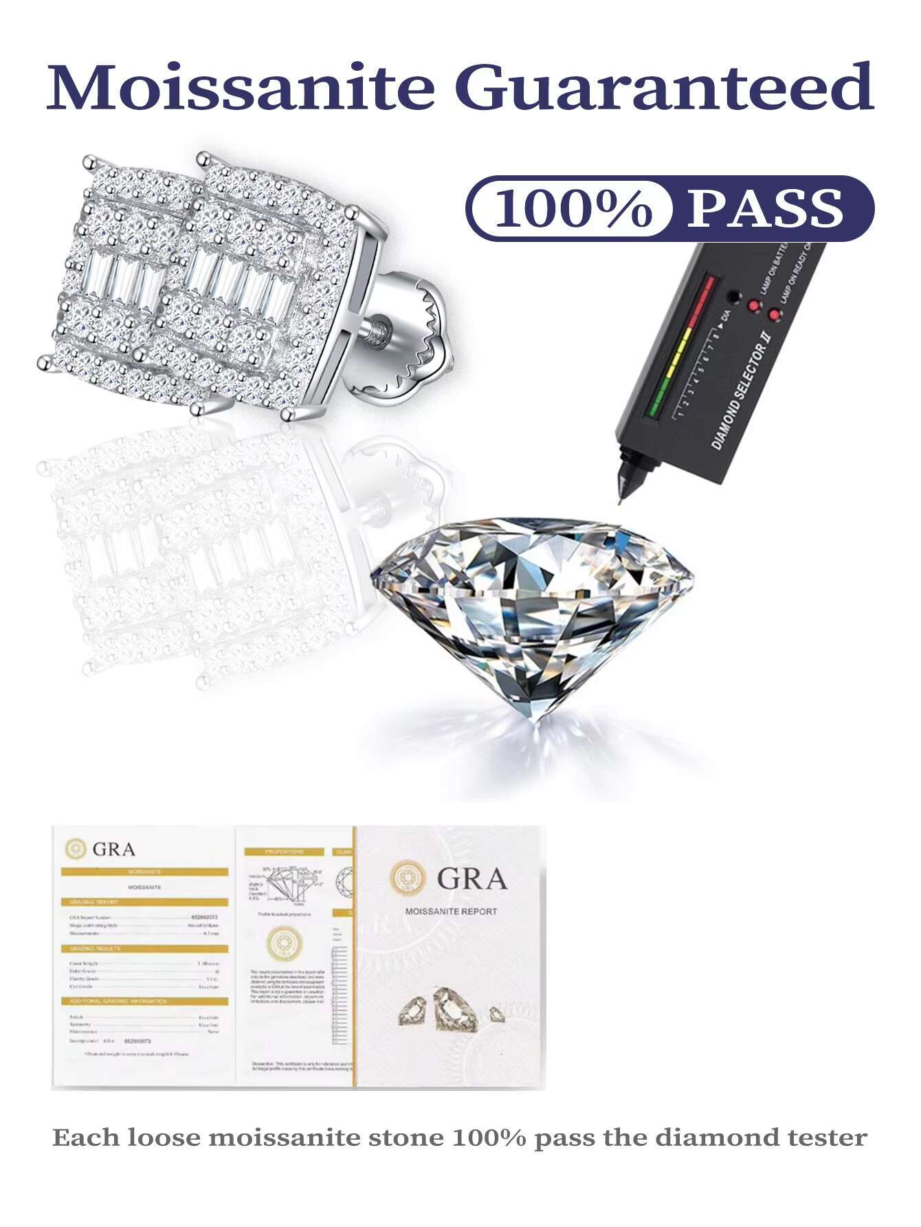 New Fashion Emerald Cut Moissanite Stone Stud Earrings for Men High Quality 925 Silver for Anniversaries