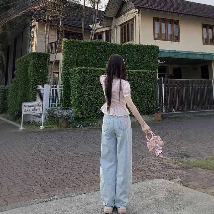 High Waist Embroidered Washed Out Denim Jeans Women Summer Loose Straight Leg Floor Length Pants Blue Color Slim Fit Trousers