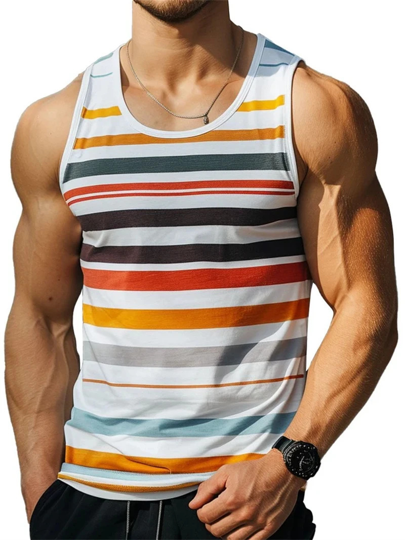 Simple Stripe 3D Printed Tank Tops For Men Fashion Summer Sleeveless Casual Sports Vest Retro Quick Dry Breathable Oversized Tee 250527