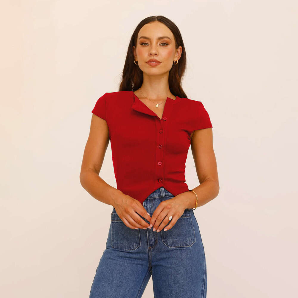 2025 New Y2K Women's Fashion Split Ribbed Solid Color Short Sleeve Button Top V-neck Irregular T-shirt