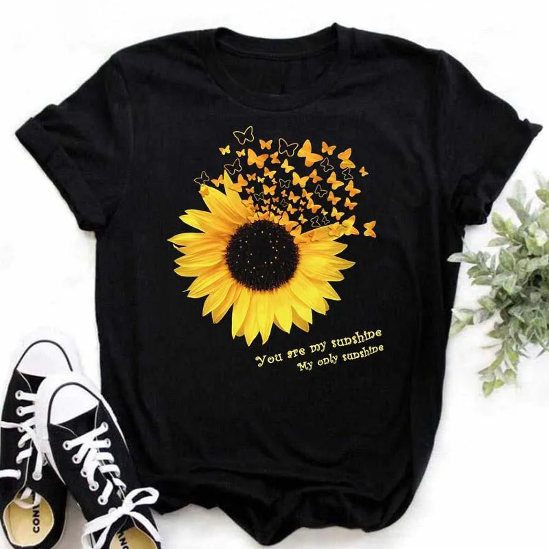 Desginer Women's T-shirt Casual Kawaii Sunflower Butterfly Pattern Print Tshirt Comfortable Casual Women's Clothing Black Top