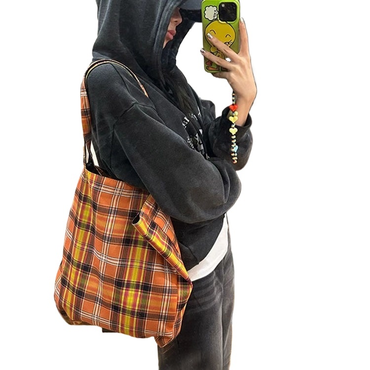 designer Niche Retro Plaid Orange Tote Bag for Women, Commuter Large Capacity Underarm Shoulder Bag, High-Value Fashion Canvas Bag