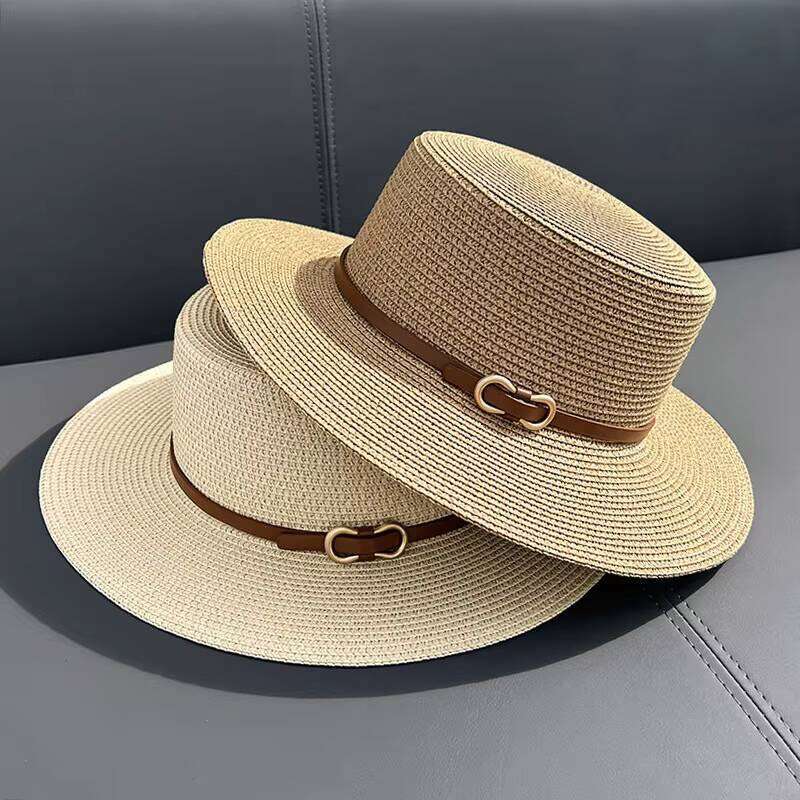 Hot Selling Fashion Women Summer Beach Sun Paper Straw Flat Top Boater Hat With Trendy Belt