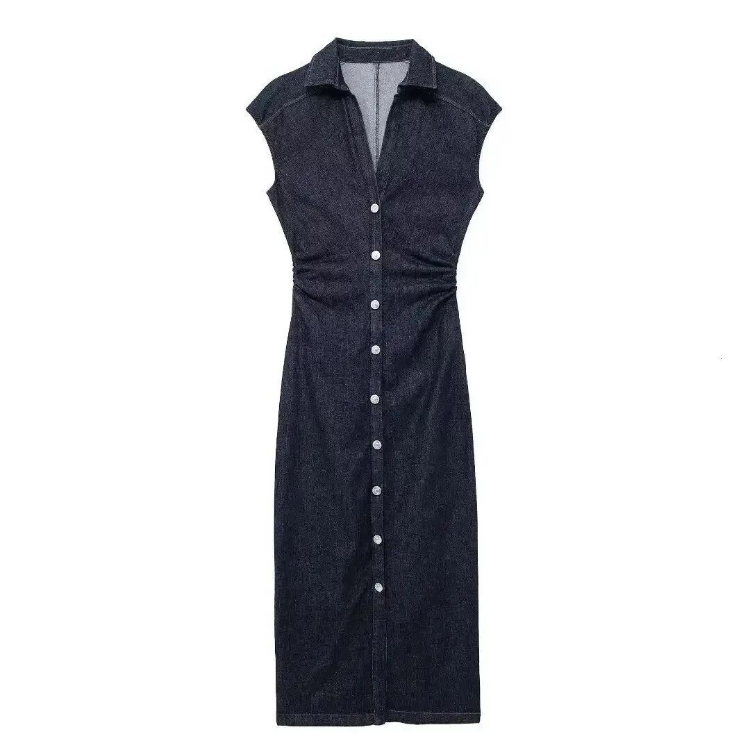TRAFSHE Sleeveless Denim Long Dress Women Bodycon Tank Midi Dress Woman Summer Ruched Button Up Casual Dresses For Lady 250529