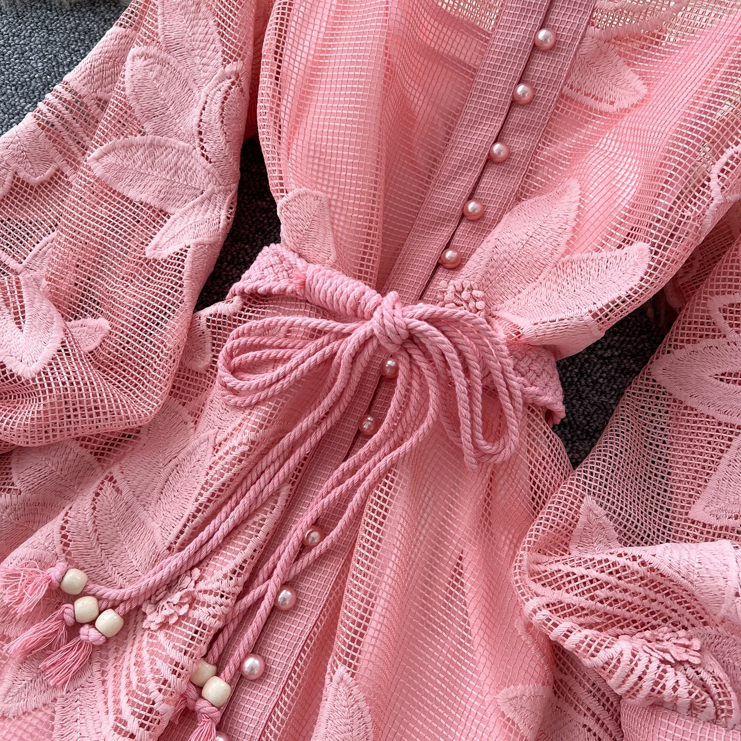 Women Casual Dresses Spring Summer French Lace Embroidery Women's Dress Stand Collar Long Lantern Sleeve Single Breasted Belt Party Birthday Dres