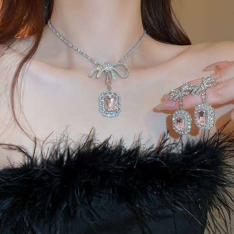 Sweet Square Rhinestone Bow Drop Earring Pendant Necklace Light Temperament High-End Designer Women's Jewelry Sets Party