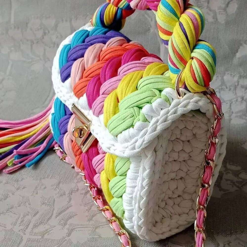 Lady Shoulder Handmade Crochet Woven Bag Fabric Strip Designer Handbag Purses For Women Tote Bags