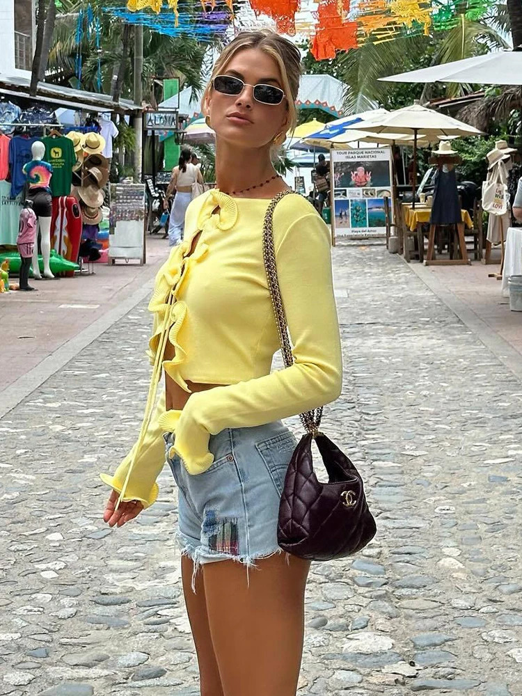 TARUXY 2025 Fungus Long Sleeve Knitted Cardigan Female Contrast Color Splice Short Top Lace Up Bodycon Sweater Cardigan Lady 250530