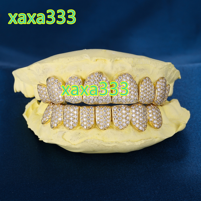 Custom Top Bottom 8 S925 Silver Yellow Gold Plated Solid VVS Moissanite Lab Diamond Bling Perm Cut Teeth Grillz for Men Women