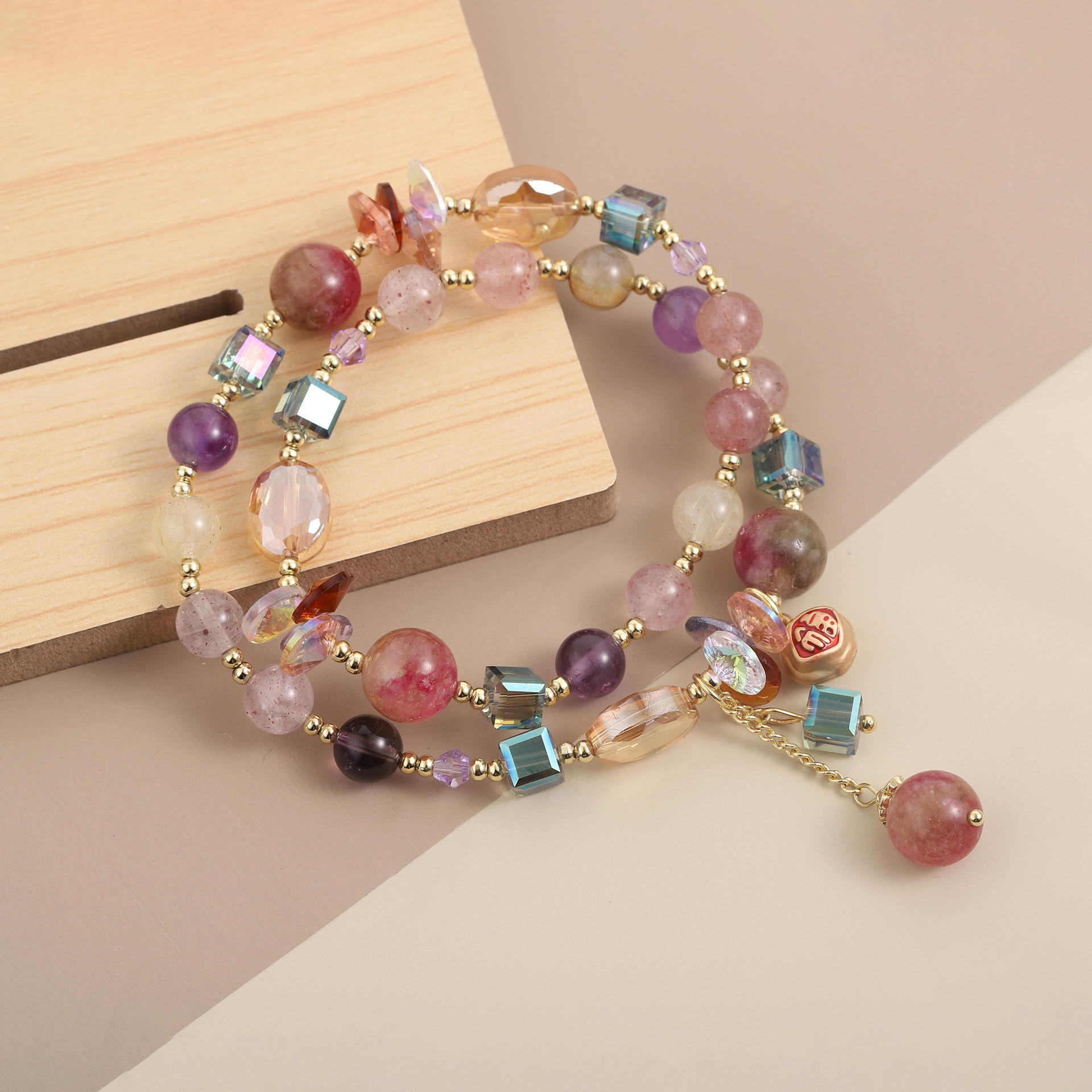 Colorful bead crystal double circle bracelet, stone sand gold pendant, elastic chain, simple rural style women's accessory