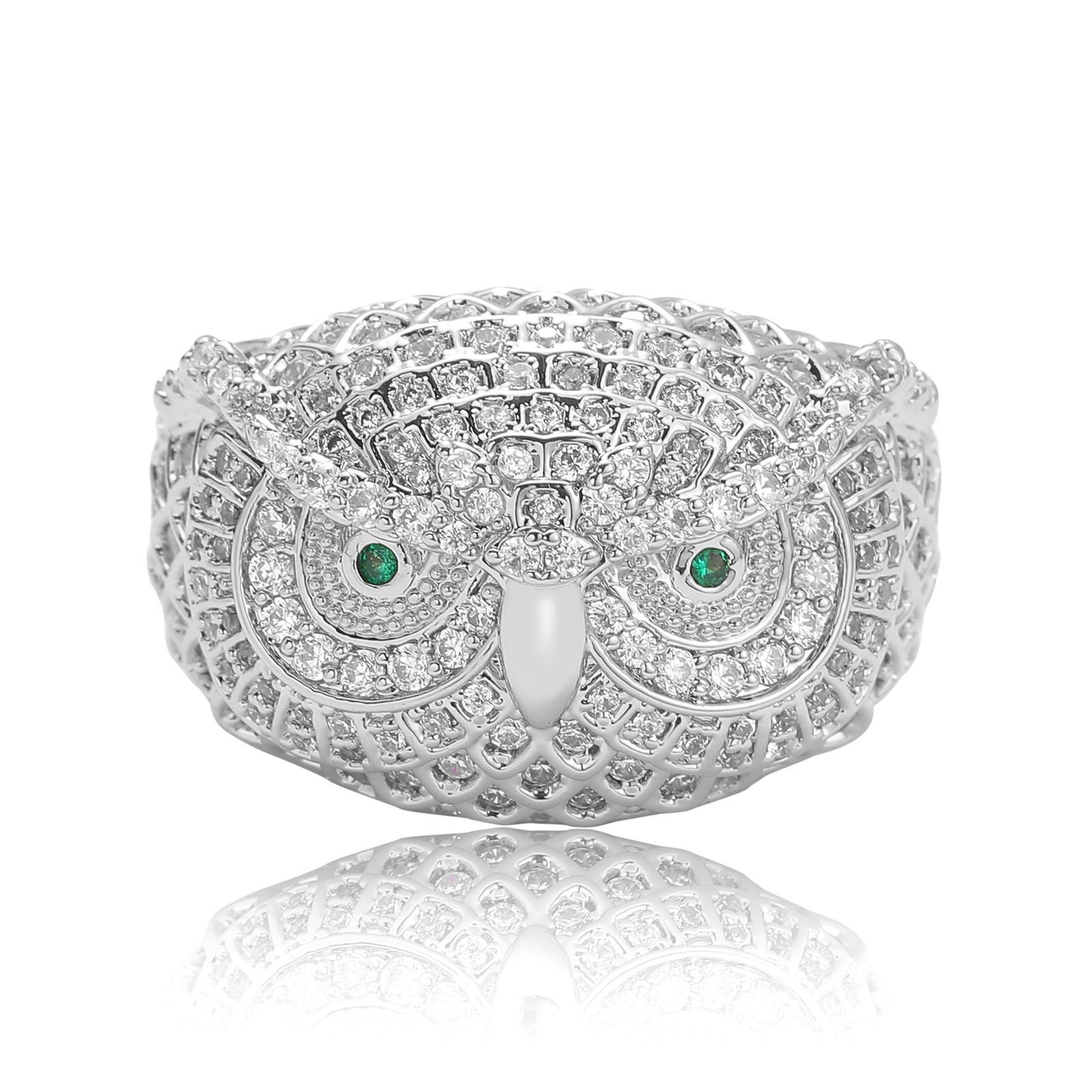 Hip hop owl green ring with Moissanite inlay personalized mens and womens hip-hop accessories trendsetter ring moissanite