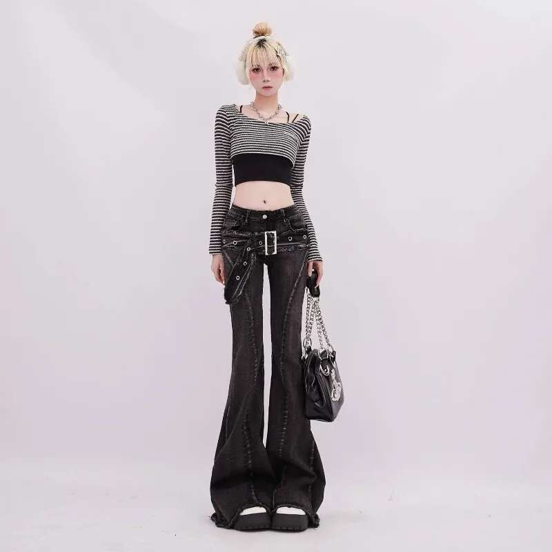 Y2k High Street Washed Black Micro Flared Jeans For Women Spring Hot Girl Belt Frayed Edge Design Slimming And Wide Leg Pants